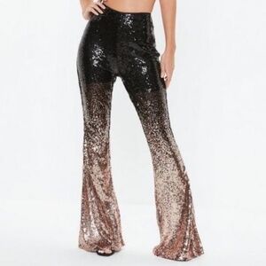 Venus Womens Size 6 Knit Pants Black Rose Gold Sequins Side Zip Flare Leg Party